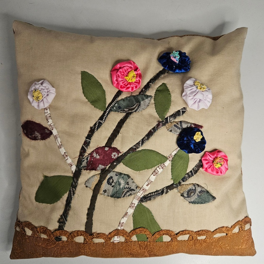 Vtg Handmade Floral Applique Throw Pillow 3D Velvet Satin Flowers Cottagecore